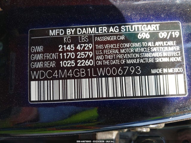 Продаж на аукціоні авто 2020 Mercedes-benz Glb 250, vin: WDC4M4GB1LW006793, номер лоту: 44676900