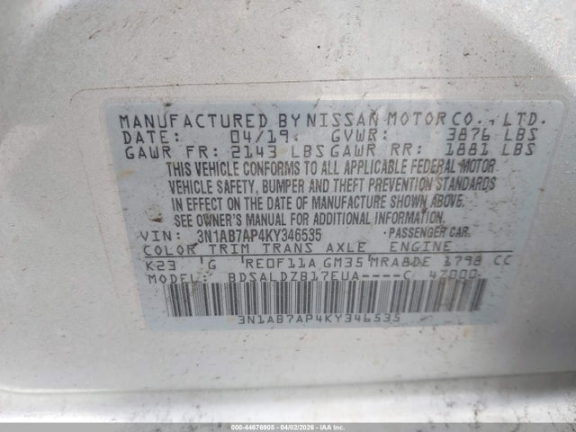 3N1AB7AP4KY346535 Nissan SENTRA SV