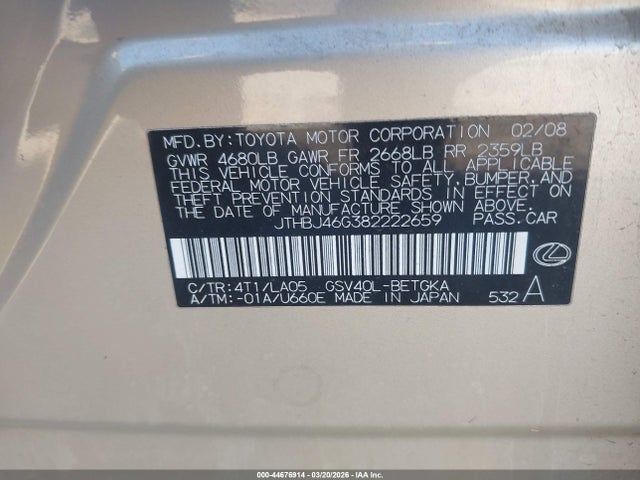 44676914 :رقم المزاد ، JTHBJ46G382222659 vin ، 2008 Lexus Es 350 مزاد بيع