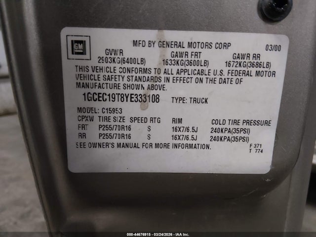 Aukcja sprzedaży 2000 Chevrolet Silverado 1500 Ls, vin: 1GCEC19T8YE333108, numer aukcji: 44676915