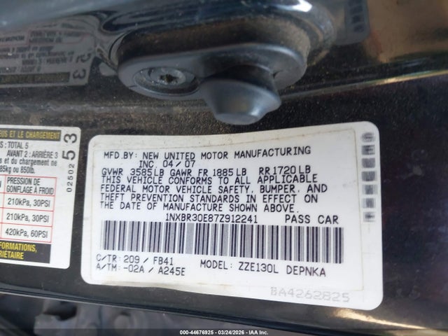 2007 Toyota Corolla Le მანქანა იყიდება აუქციონზე, vin: 1NXBR30E87Z912241, აუქციონის ნომერი: 44676925
