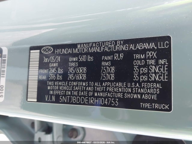44676937 :رقم المزاد ، 5NTJBDDE1RH104753 vin ، 2024 Hyundai Santa Cruz Sel مزاد بيع