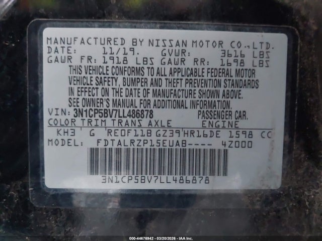 3N1CP5BV7LL486878 Nissan Kicks S Xtronic Cvt