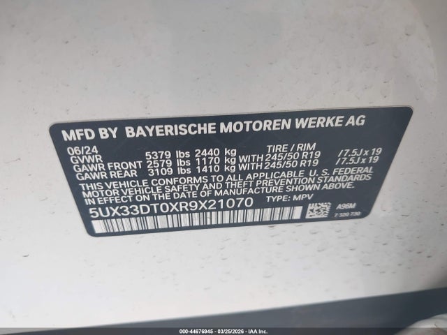 2024 Bmw X4 Xdrive30i მანქანა იყიდება აუქციონზე, vin: 5UX33DT0XR9X21070, აუქციონის ნომერი: 44676945