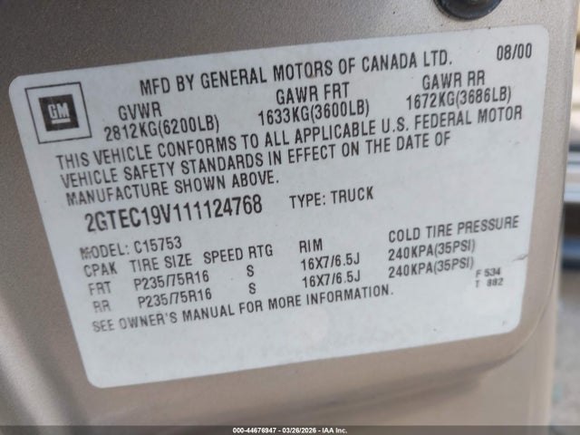 Продажа на аукционе авто 2001 Gmc Sierra 1500 Sle, vin: 2GTEC19V111124768, номер лота: 44676947