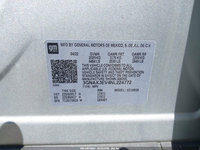 3GNAXJEV4NL224772 Chevrolet Equinox Fwd 2fl