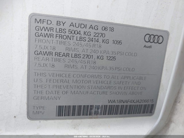 Aukcja sprzedaży 2018 Audi A4 Allroad 2.0t Premium/2.0t Tech Premium, vin: WA18NAF4XJA206615, numer aukcji: 44676968