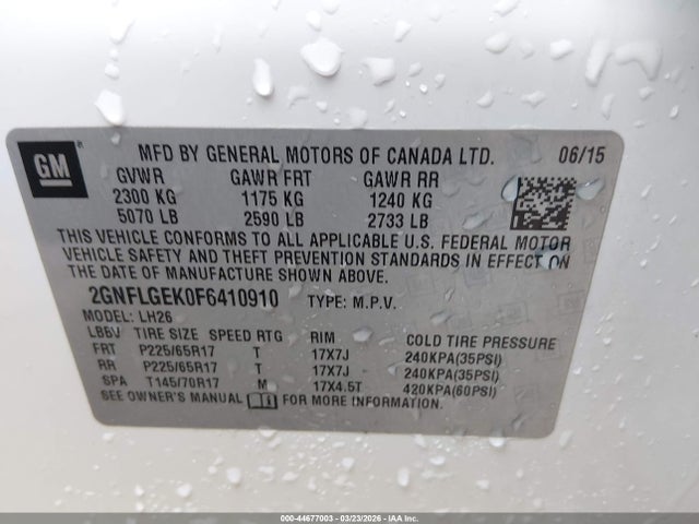 2015 Chevrolet Equinox 2lt მანქანა იყიდება აუქციონზე, vin: 2GNFLGEK0F6410910, აუქციონის ნომერი: 44677003