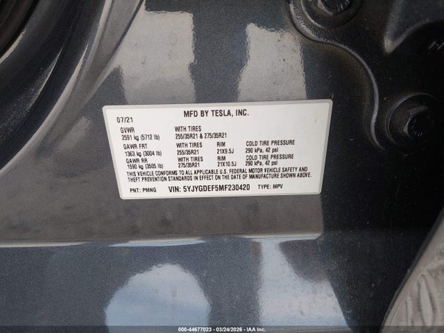 2021 Tesla Model Y Performance Dual Motor All-wheel Drive მანქანა იყიდება აუქციონზე, vin: 5YJYGDEF5MF230420, აუქციონის ნომერი: 44677023