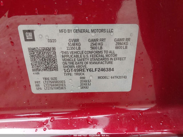 2020 Gmc Sierra 2500hd 4wd  Standard Bed Denali მანქანა იყიდება აუქციონზე, vin: 1GT49REY6LF246384, აუქციონის ნომერი: 44677027