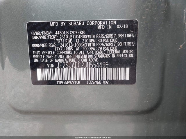 Продажа на аукционе авто 2018 Subaru Forester 2.5i Premium, vin: JF2SJAEC2JH554496, номер лота: 44677043