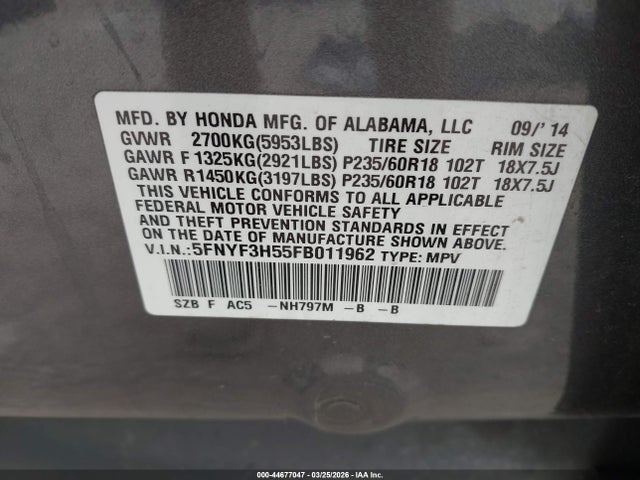 2015 HONDA PILOT 5FNYF3H55FB011962 Photo 8