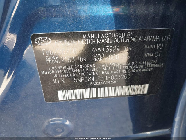 2017 Hyundai Elantra Limited მანქანა იყიდება აუქციონზე, vin: 5NPD84LF8HH033263, აუქციონის ნომერი: 44677058