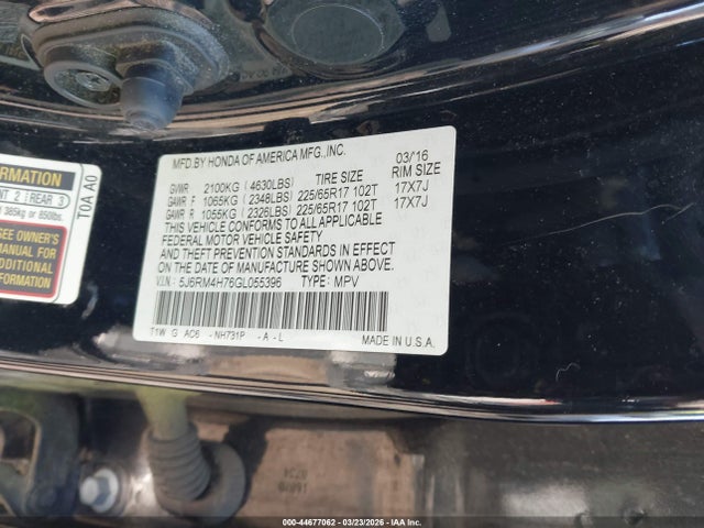 Honda Cr-v Ex-l 2016 5J6RM4H76GL055396 Image 9