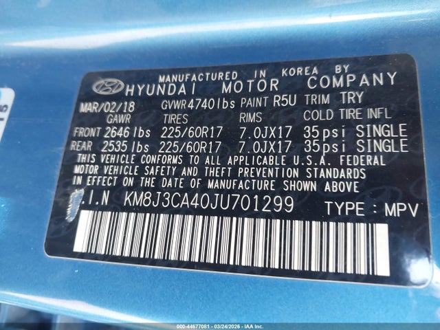 Aukcja sprzedaży 2018 Hyundai Tucson Sel, vin: KM8J3CA40JU701299, numer aukcji: 44677081