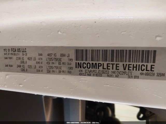 Продаж на аукціоні авто 2018 Ram Promaster 2500 Window Van High Roof 159 Wb, vin: 3C7WRVPG1JE156253, номер лоту: 44677088