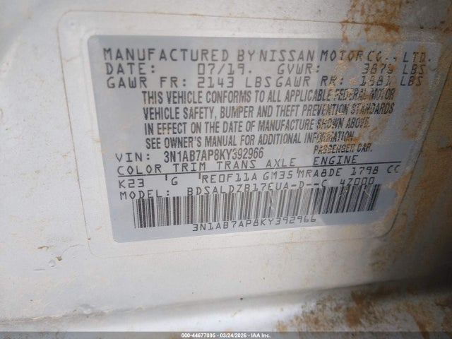 2019 Nissan Sentra Sv მანქანა იყიდება აუქციონზე, vin: 3N1AB7AP8KY392966, აუქციონის ნომერი: 44677095