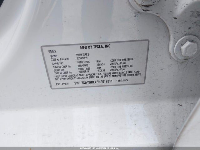 Aukcja sprzedaży 2022 Tesla Model Y Long Range Dual Motor All-wheel Drive, vin: 7SAYGDEE3NA012811, numer aukcji: 44677120