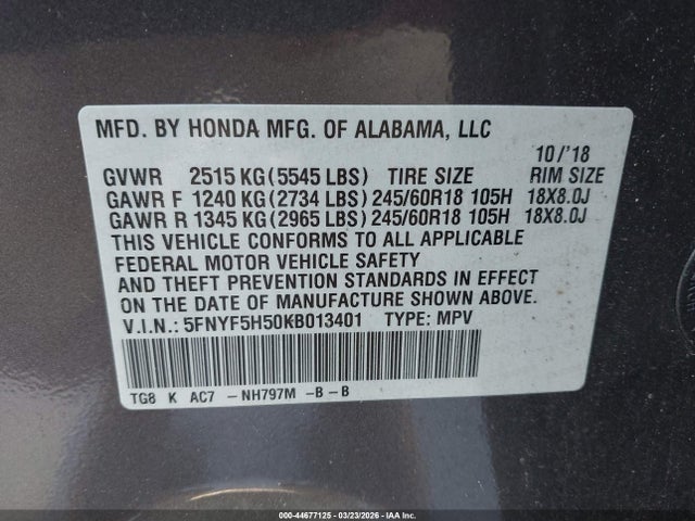 Продажа на аукционе авто 2019 Honda Pilot Ex-l, vin: 5FNYF5H50KB013401, номер лота: 44677125