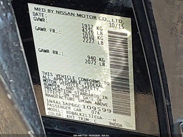 1N4AL3AP6GC109599 Nissan Altima 2.5 Sv