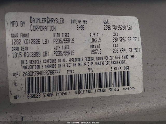 44677146 :رقم المزاد ، 2A8GM78486R788777 vin ، 2006 Chrysler Pacifica Limited مزاد بيع