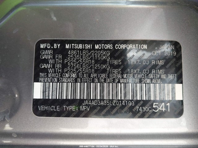 Продаж на аукціоні авто 2020 Mitsubishi Outlander Se 2.4, vin: JA4AD3A35LZ014103, номер лоту: 44677154
