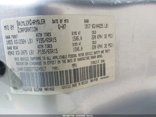 Продаж на аукціоні авто 2007 Chrysler Pt Cruiser Touring, vin: 3A4FY58B87T624917, номер лоту: 44677155