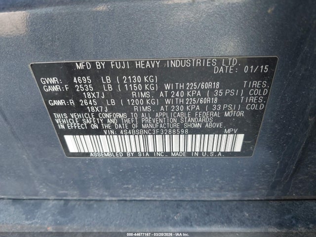 Продаж на аукціоні авто 2015 Subaru Outback 2.5i Limited, vin: 4S4BSBNC3F3288598, номер лоту: 44677167