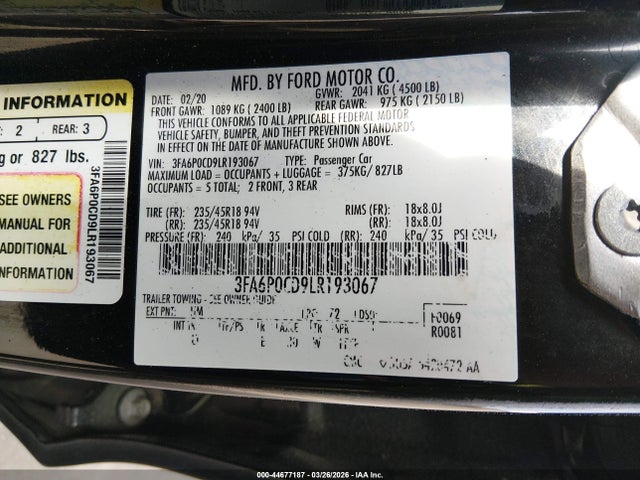 Aukcja sprzedaży 2020 Ford Fusion Sel, vin: 3FA6P0CD9LR193067, numer aukcji: 44677187