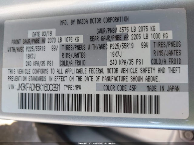 44677201 :رقم المزاد ، JM3KFADM6K1600391 vin ، 2019 Mazda Cx-5 Grand Touring مزاد بيع
