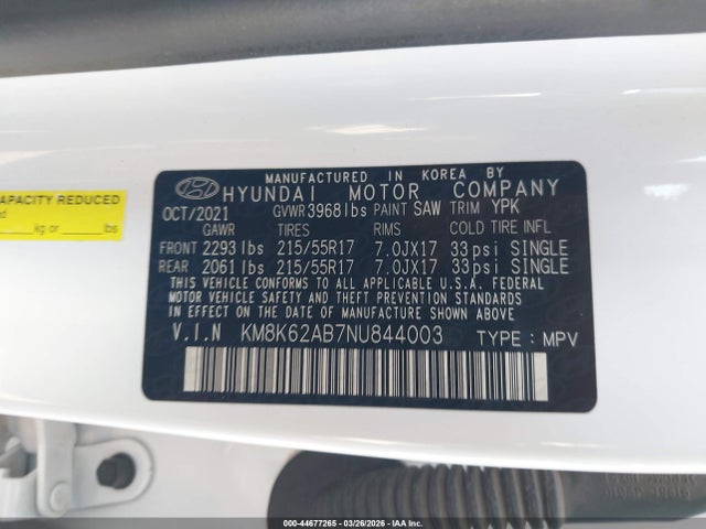 2022 Hyundai Kona Sel მანქანა იყიდება აუქციონზე, vin: KM8K62AB7NU844003, აუქციონის ნომერი: 44677265