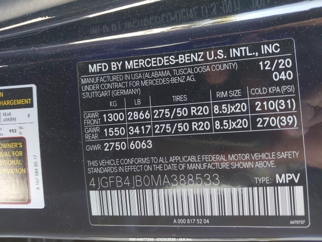 44677266 :رقم المزاد ، 4JGFB4JB0MA388533 vin ، 2021 Mercedes-benz Gle 350 مزاد بيع