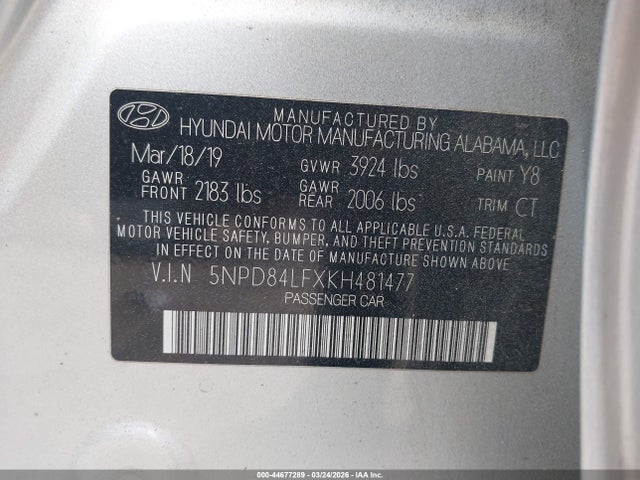 2019 Hyundai Elantra Sel მანქანა იყიდება აუქციონზე, vin: 5NPD84LFXKH481477, აუქციონის ნომერი: 44677289