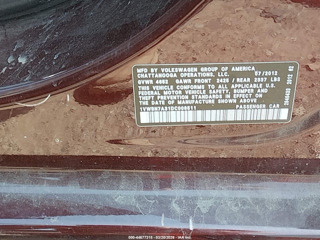2013 Volkswagen Passat 2.0l Tdi Se მანქანა იყიდება აუქციონზე, vin: 1VWBN7A31DC008511, აუქციონის ნომერი: 44677315
