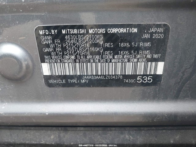 44677318 :رقم المزاد ، JA4AS3AA6LZ034378 vin ، 2020 Mitsubishi Eclipse Cross Es 1.5t مزاد بيع