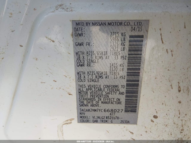 5N1AR2MM7FC668027 Nissan Pathfinder Platinum/s/sl/sv