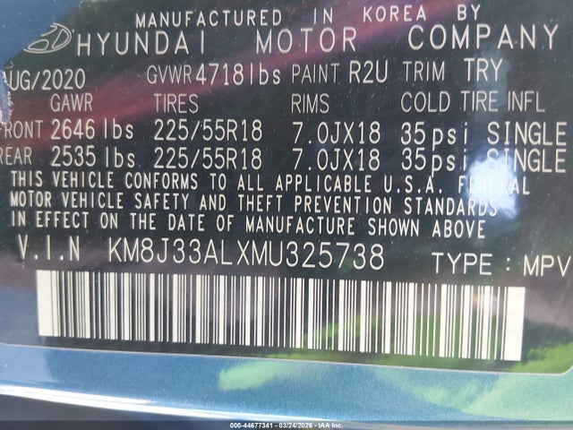 Aukcja sprzedaży 2021 Hyundai Tucson Limited, vin: KM8J33ALXMU325738, numer aukcji: 44677341