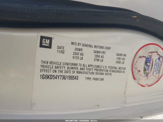 2003 Cadillac Deville Standard მანქანა იყიდება აუქციონზე, vin: 1G6KD54Y73U188543, აუქციონის ნომერი: 44677350