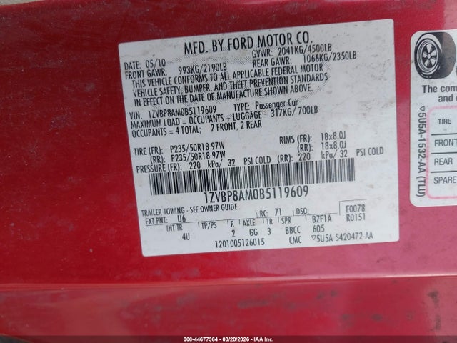 2011 FORD MUSTANG 1ZVBP8AM0B5119609 Photo 8