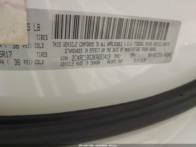 Продаж на аукціоні авто 2019 Chrysler Pacifica Touring L, vin: 2C4RC1BG3KR651419, номер лоту: 44677365