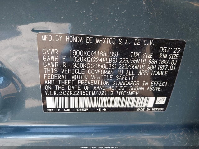 3CZRZ2H52PM702119 Honda Hr-v Awd Sport