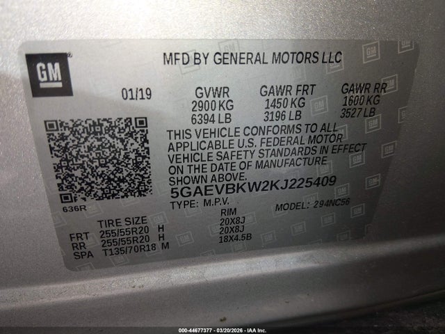 44677377 :رقم المزاد ، 5GAEVBKW2KJ225409 vin ، 2019 Buick Enclave Awd Premium مزاد بيع