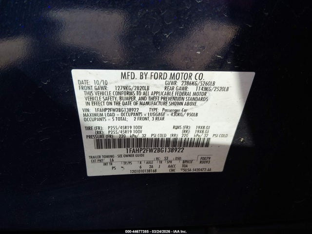 Aukcja sprzedaży 2011 Ford Taurus Limited, vin: 1FAHP2FW2BG138922, numer aukcji: 44677385