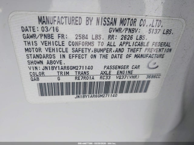 Продаж на аукціоні авто 2016 Infiniti Q70 3.7x, vin: JN1BY1AR6GM271140, номер лоту: 44677398