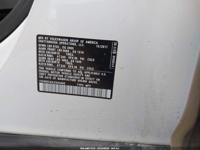 Продажа на аукционе авто 2018 Volkswagen Atlas 3.6l V6 S, vin: 1V2AR2CA5JC534393, номер лота: 44677410