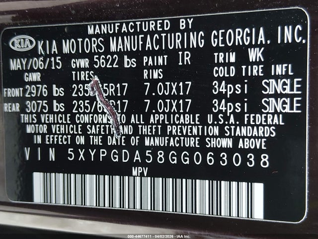 5XYPGDA58GG063038 KIA Sorento 3.3l Lx