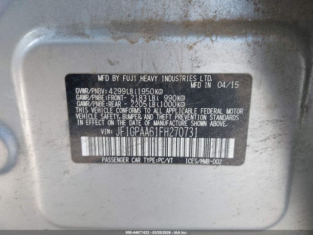 Aukcja sprzedaży 2015 Subaru Impreza 2.0i, vin: JF1GPAA61FH270731, numer aukcji: 44677422