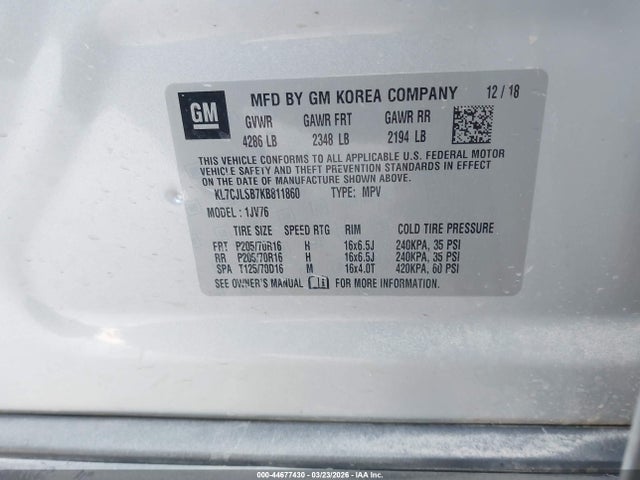 Продажа на аукционе авто 2019 Chevrolet Trax Lt, vin: KL7CJLSB7KB811860, номер лота: 44677430