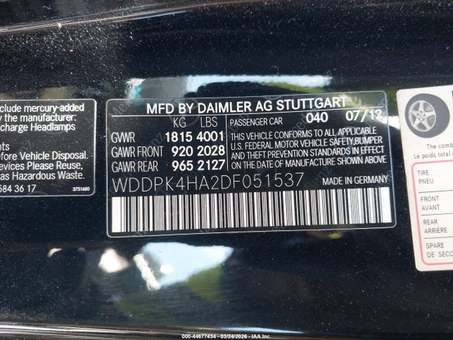 Продаж на аукціоні авто 2013 Mercedes-benz Slk 250, vin: WDDPK4HA2DF051537, номер лоту: 44677434