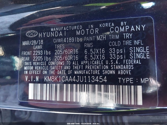 2018 Hyundai Kona Se მანქანა იყიდება აუქციონზე, vin: KM8K1CAA4JU113454, აუქციონის ნომერი: 44677440
